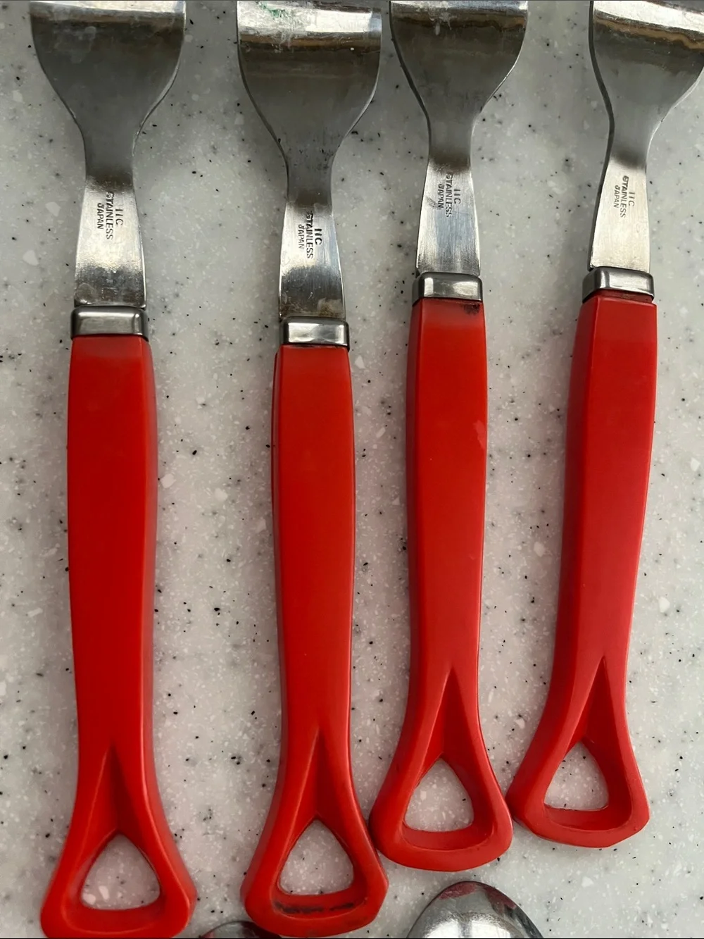 Vtg IIC Stainless Japan Red Handle Flatware 4 Settings 2 Serving Spoons *READ*